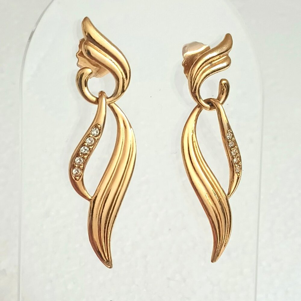 Avon Gold Swirl Dangle Earrings 2 in 1 Detachable Post with Clear Stones